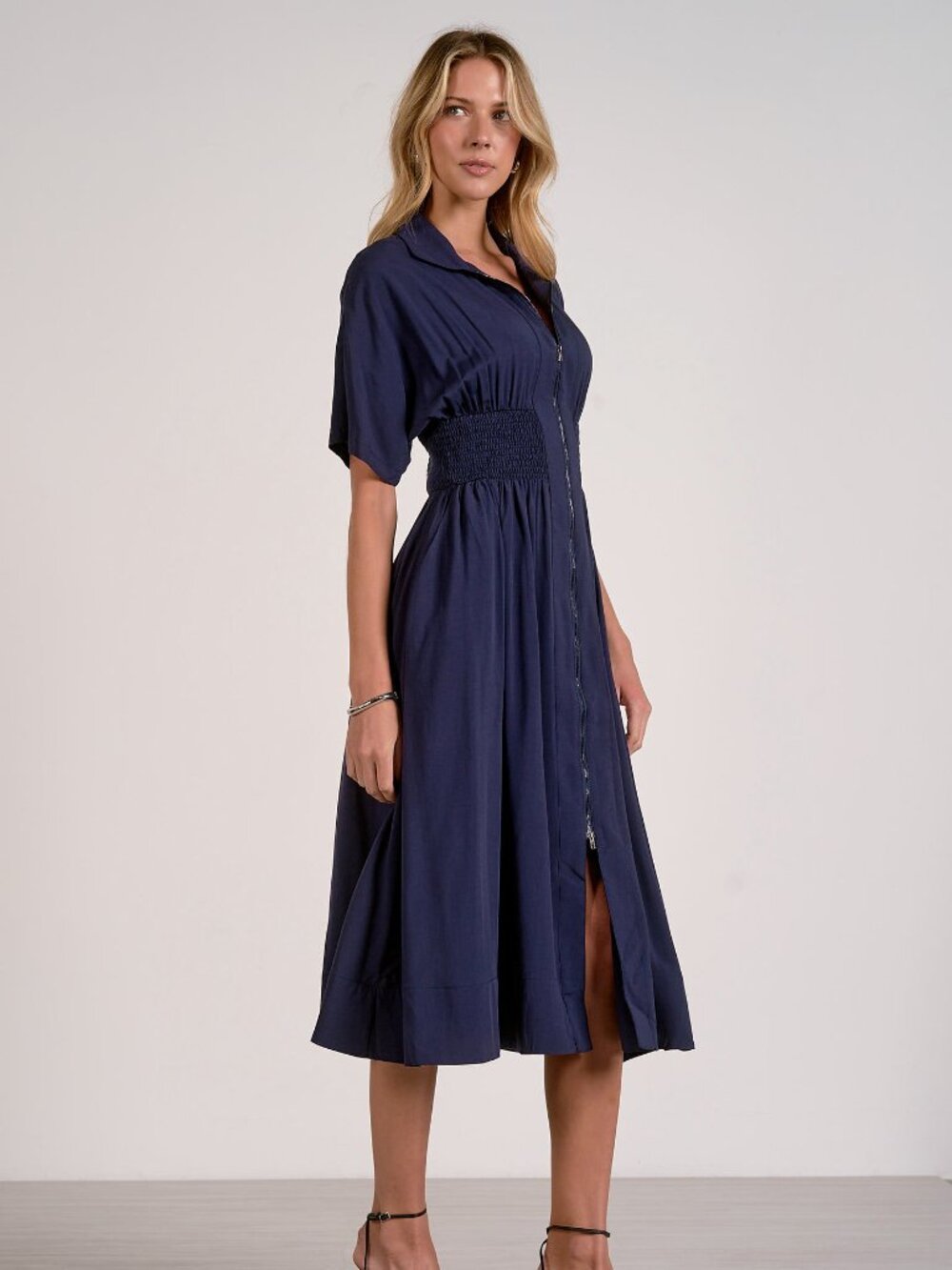 Navy Smocked Waist Zip Front Midi Dress Collared